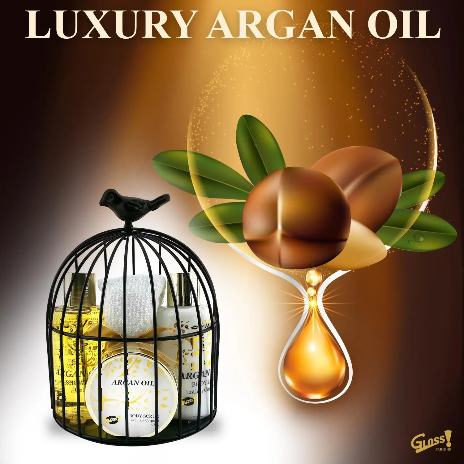 This four-piece argan oil bath and beauty set includes shower gel, body lotion, body exfoliant, and a face towel, presented in a decorative metal cage, making it a perfect gift for birthdays, Christmas, Mother's Day, or Valentine's Day.