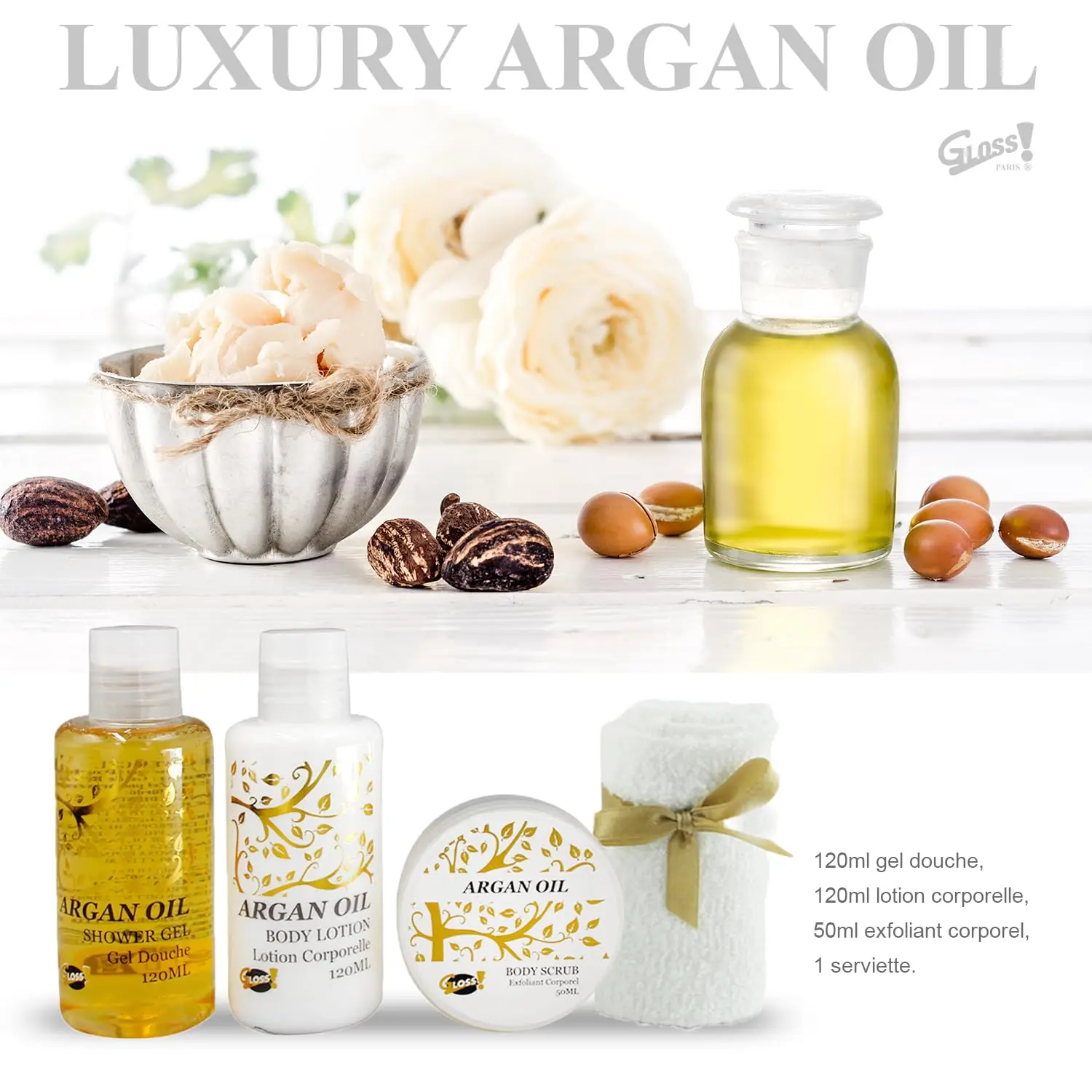 This four-piece argan oil bath and beauty set includes shower gel, body lotion, body exfoliant, and a face towel, presented in a decorative metal cage, making it a perfect gift for birthdays, Christmas, Mother's Day, or Valentine's Day.