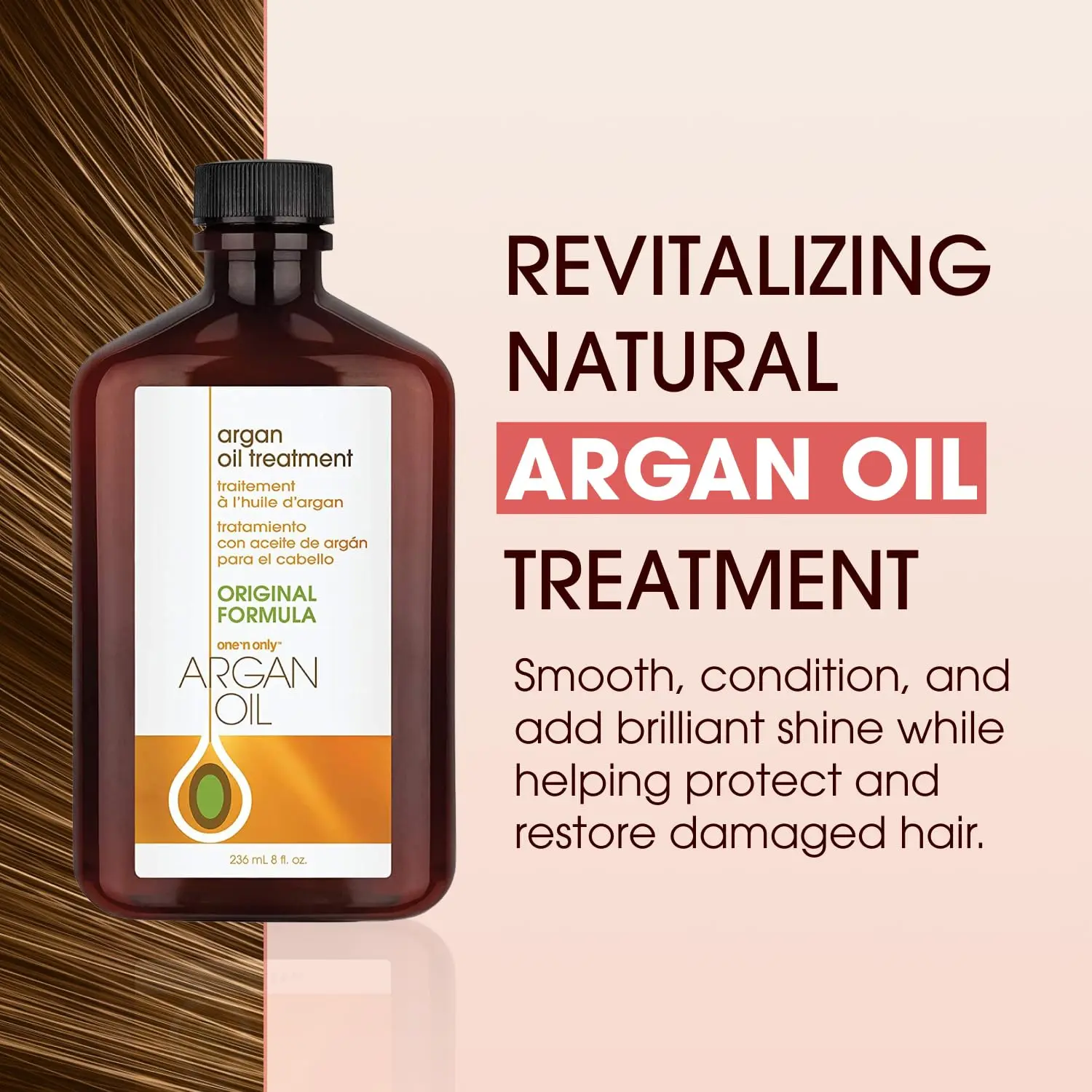 One 'n Only argan oil hair treatment creates brilliant shine, eliminates frizz, and helps smooth and strengthen damaged hair.