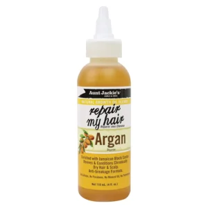Aunt Jackie's Repair My Hair argan oil blend promotes natural hair growth, prevents breakage, and conditions dry, damaged hair and scalp with Jamaican black castor.