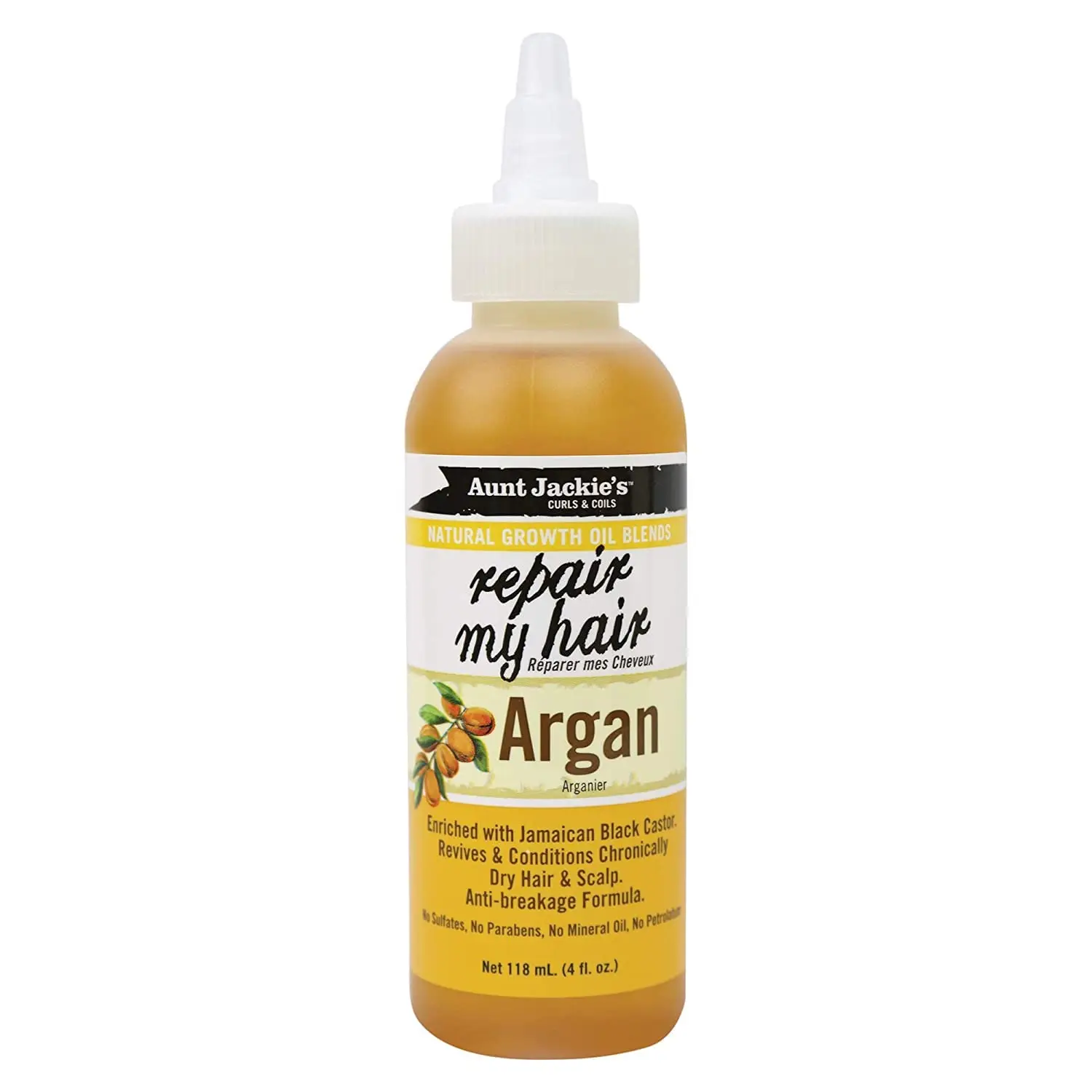 Aunt Jackie's Repair My Hair argan oil blend promotes natural hair growth, prevents breakage, and conditions dry, damaged hair and scalp with Jamaican black castor.