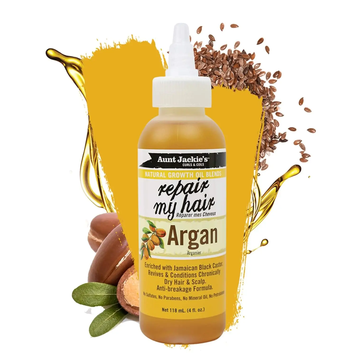 Aunt Jackie's Repair My Hair argan oil blend promotes natural hair growth, prevents breakage, and conditions dry, damaged hair and scalp with Jamaican black castor.
