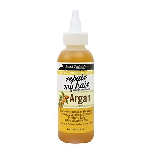 Aunt Jackie's Repair My Hair argan oil blend promotes natural hair growth, prevents breakage, and conditions dry, damaged hair and scalp with Jamaican black castor.
