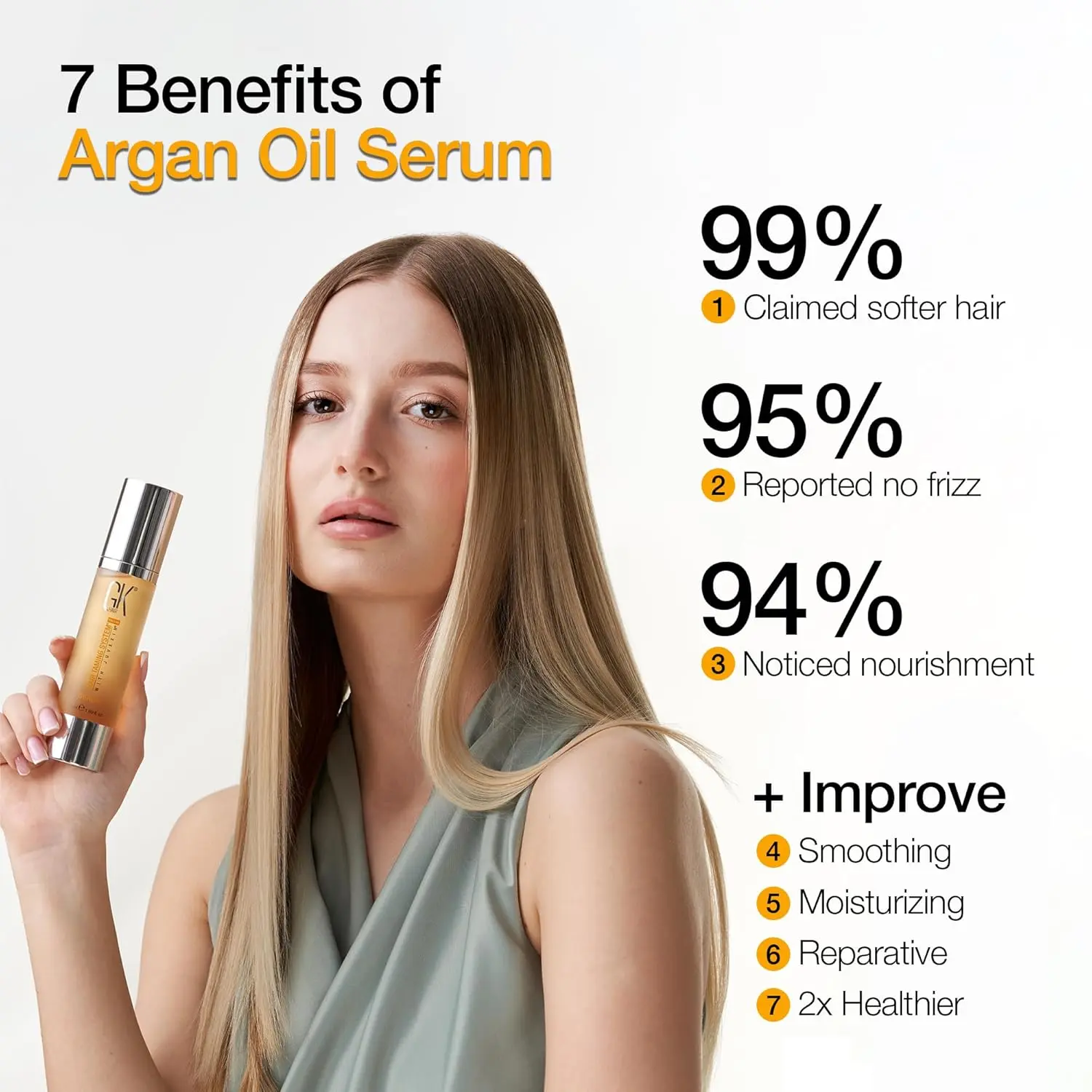 This argan oil hair serum with keratin revitalizes dry, damaged hair, adding shine, smoothing frizz, and protecting against heat for all hair types, leaving hair healthy and manageable.