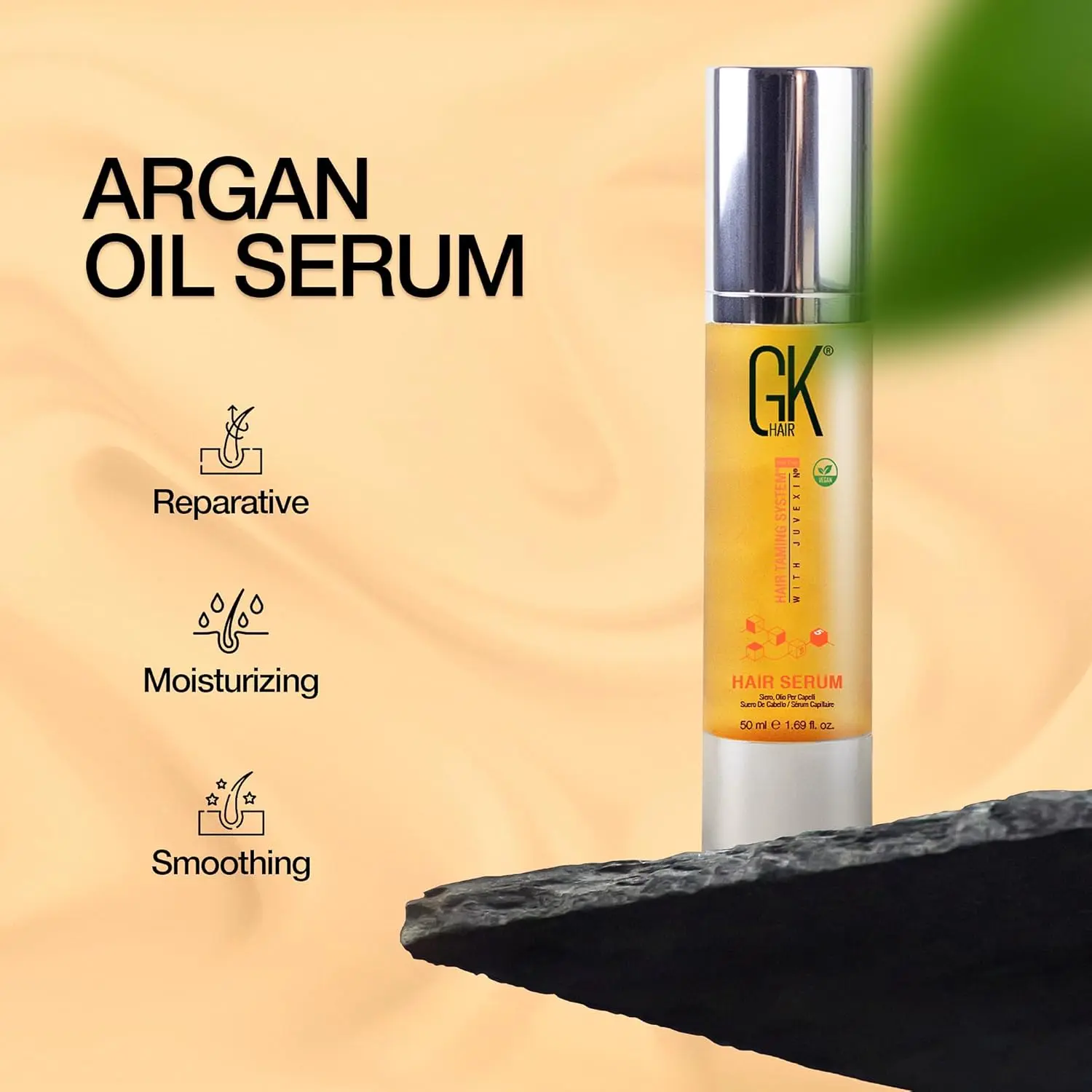 This argan oil hair serum with keratin revitalizes dry, damaged hair, adding shine, smoothing frizz, and protecting against heat for all hair types, leaving hair healthy and manageable.