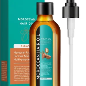 Bottle of Moroccan Argan Oil for hair, skin, and body shown to nourish dry, damaged hair and reduce frizz for a radiant, healthy look.