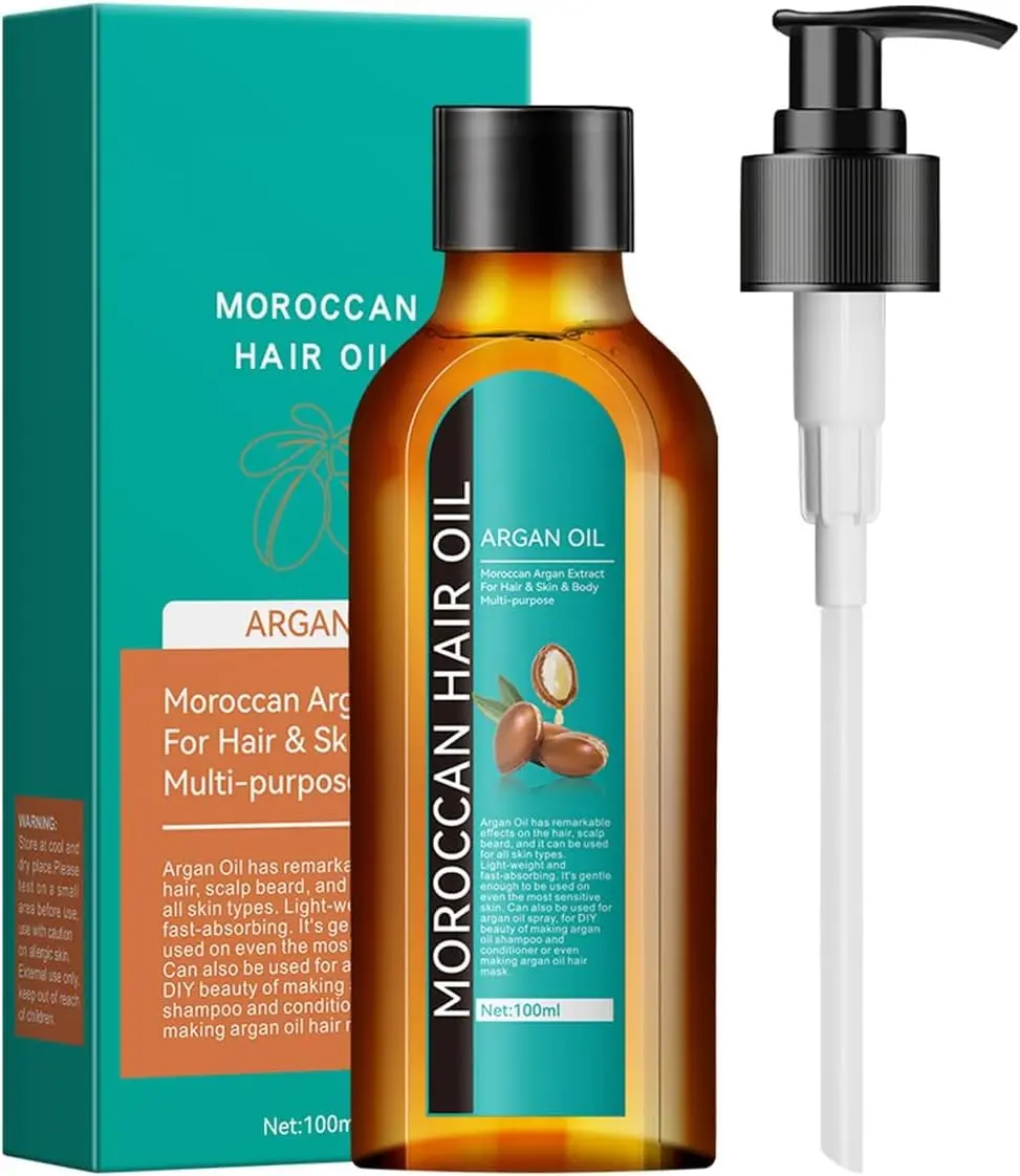 Bottle of Moroccan Argan Oil for hair, skin, and body shown to nourish dry, damaged hair and reduce frizz for a radiant, healthy look.