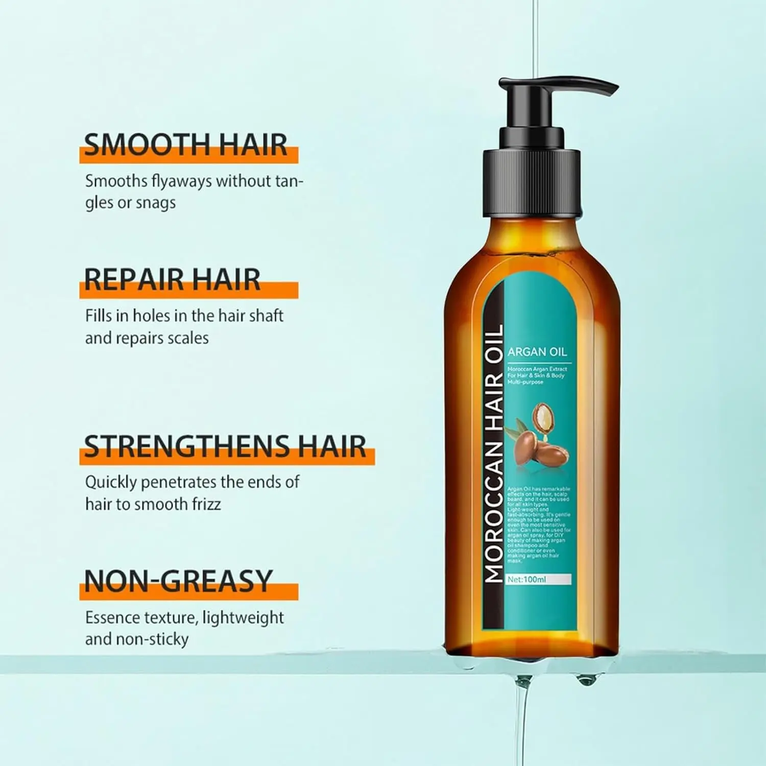 Bottle of Moroccan Argan Oil for hair, skin, and body shown to nourish dry, damaged hair and reduce frizz for a radiant, healthy look.