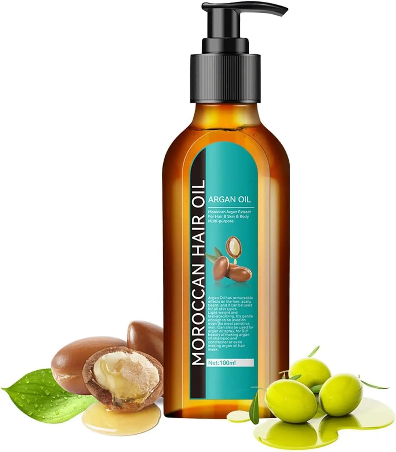 Bottle of Moroccan Argan Oil for hair, skin, and body shown to nourish dry, damaged hair and reduce frizz for a radiant, healthy look.