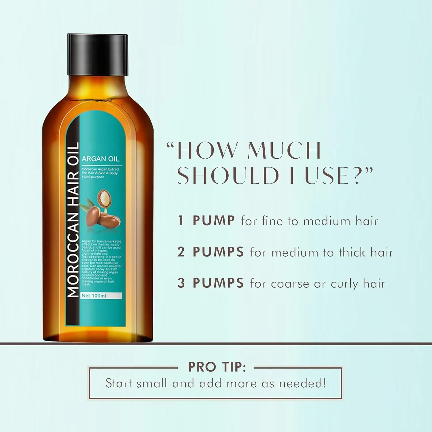 Bottle of Moroccan Argan Oil for hair, skin, and body shown to nourish dry, damaged hair and reduce frizz for a radiant, healthy look.