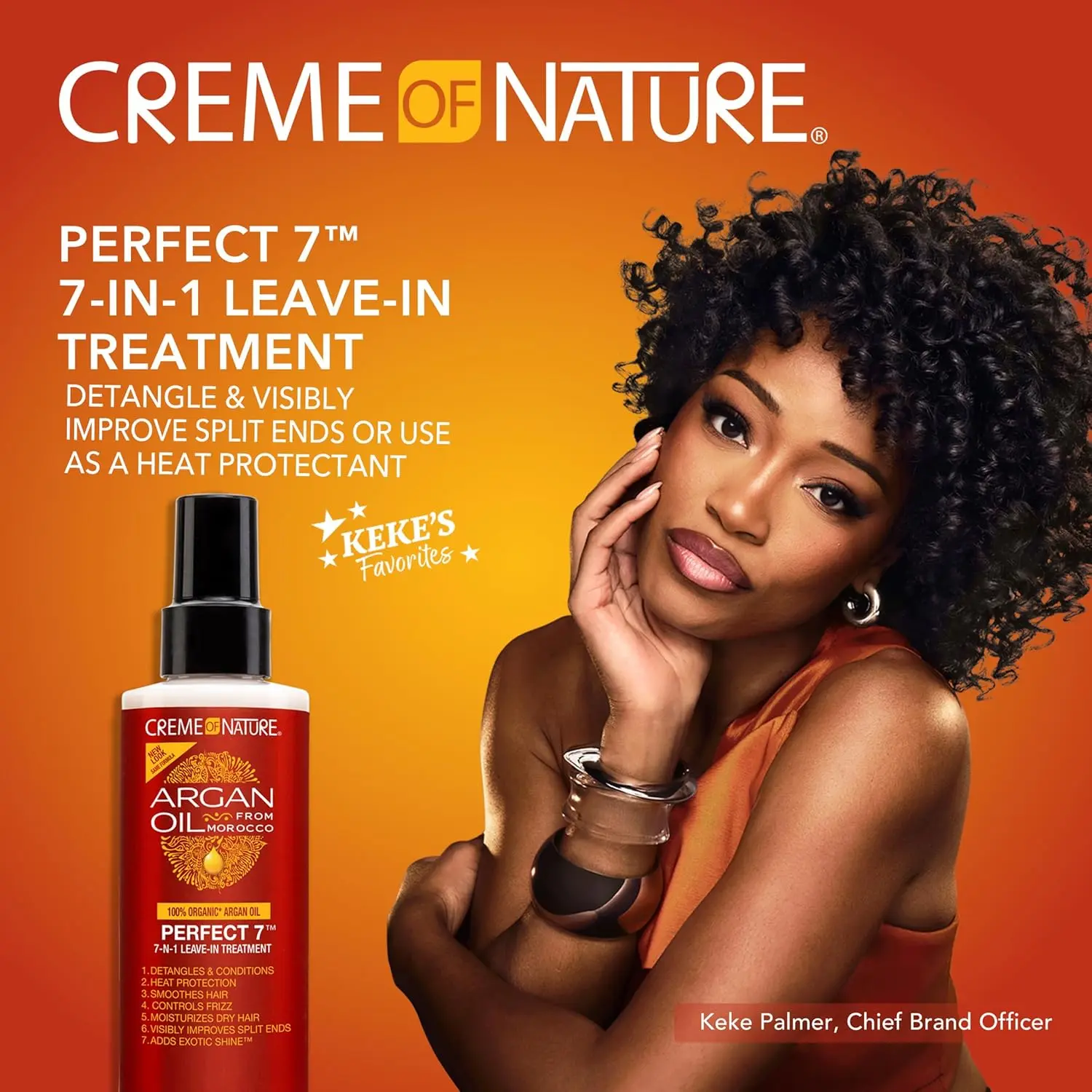 Creme of Nature Argan Oil 7-in-1 leave-in treatment protects hair from breakage, reduces frizz, moisturizes and adds shine.