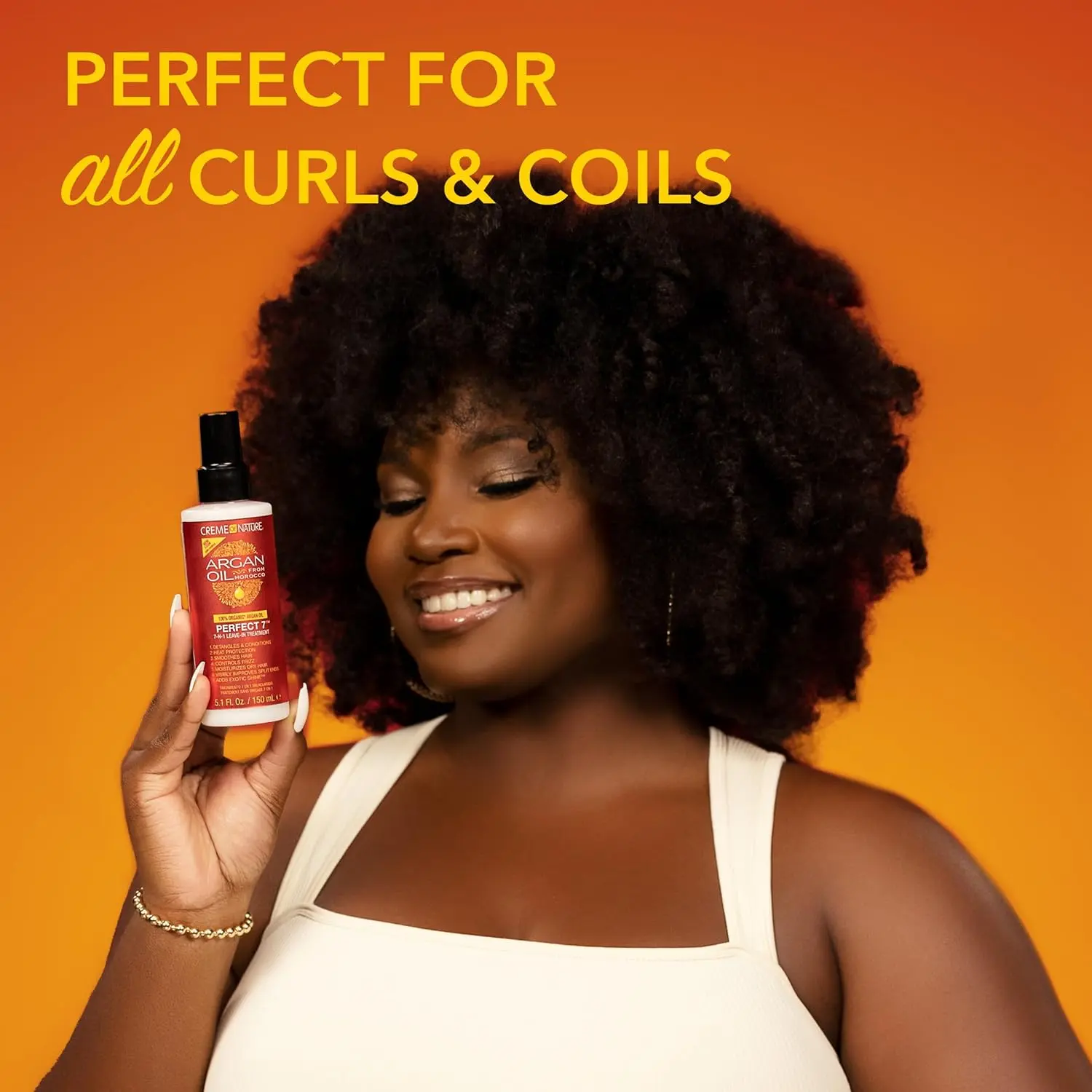 Creme of Nature Argan Oil 7-in-1 leave-in treatment protects hair from breakage, reduces frizz, moisturizes and adds shine.