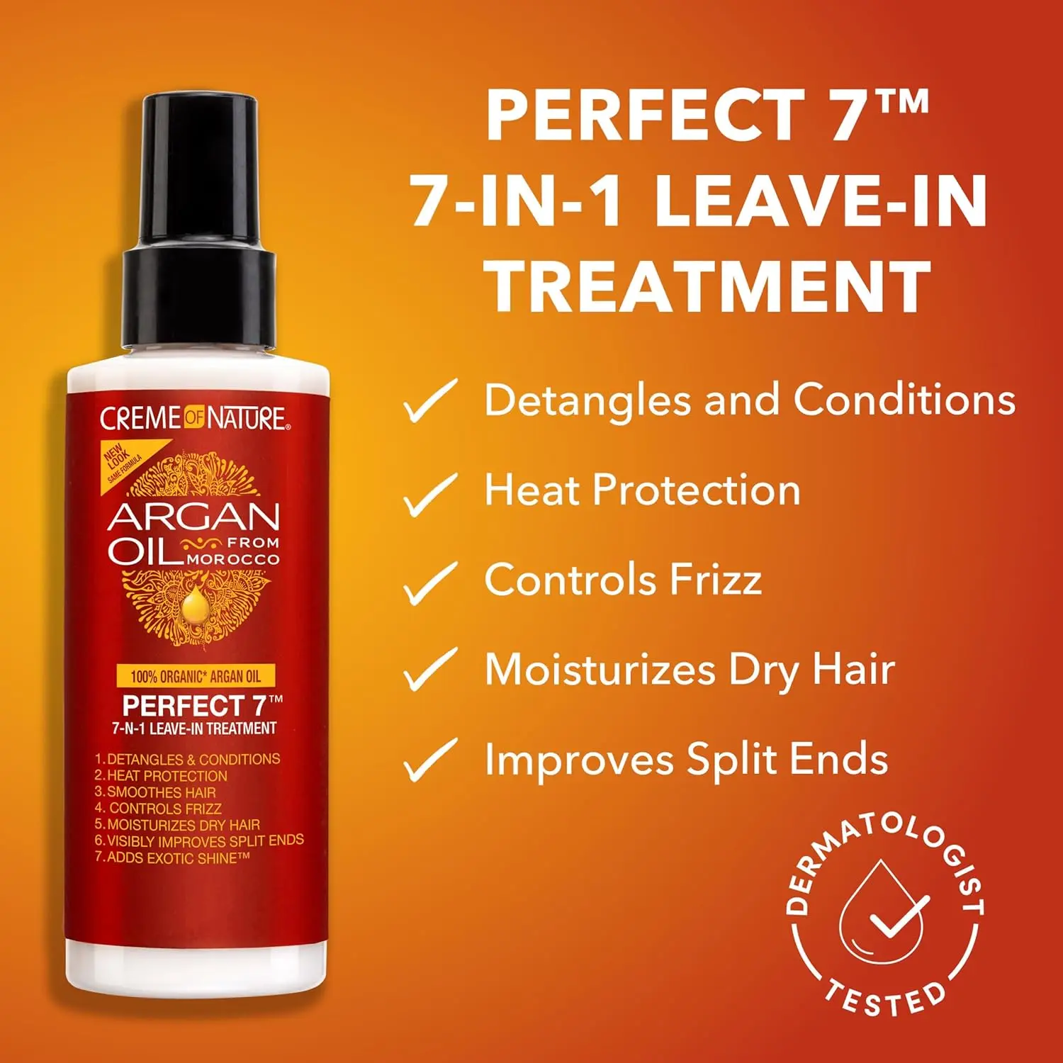 Creme of Nature Argan Oil 7-in-1 leave-in treatment protects hair from breakage, reduces frizz, moisturizes and adds shine.