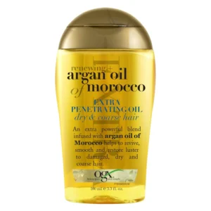 Bottle of Argan Oil of Morocco hair oil treatment for repairing dry, damaged, and frizzy hair with healthy shine.
