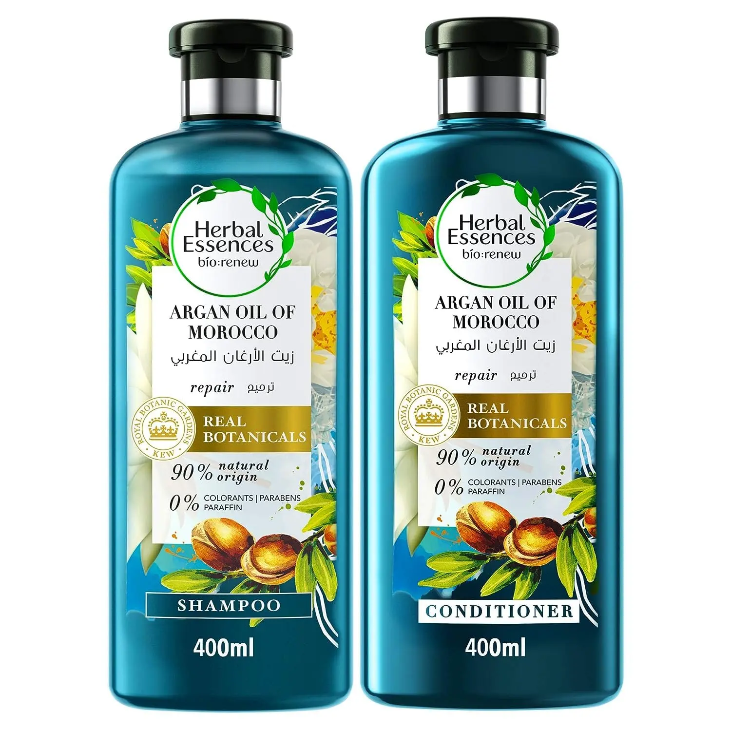 Herbal Essences Argan Oil of Morocco shampoo and conditioner set, infused with bio:renew, restores smoothness and revitalizes hair with antioxidant, aloe, and sea kelp blend.