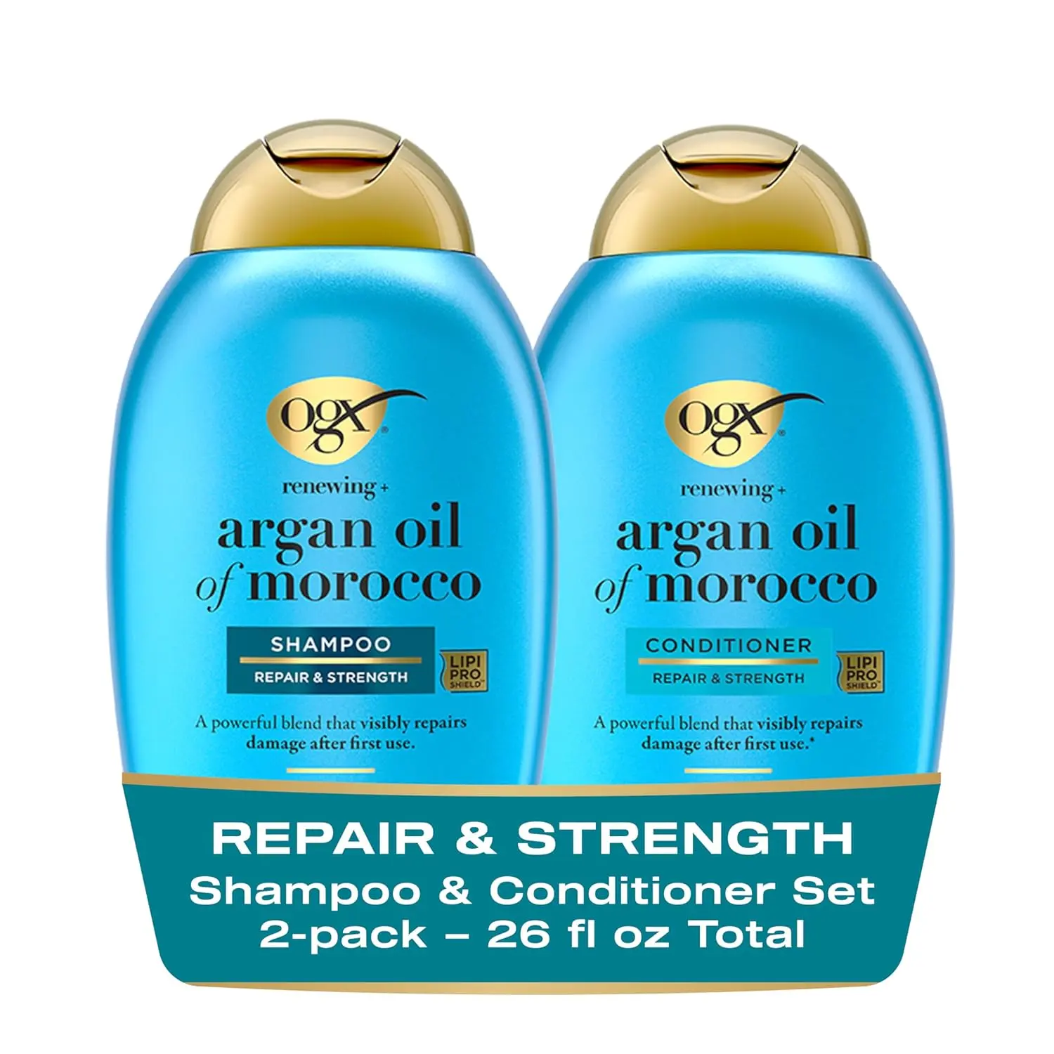 OGX Argan Oil of Morocco shampoo and conditioner set gently cleanses and hydrates dry, damaged hair, leaving it soft, silky, and shiny while protecting it from heat styling.
