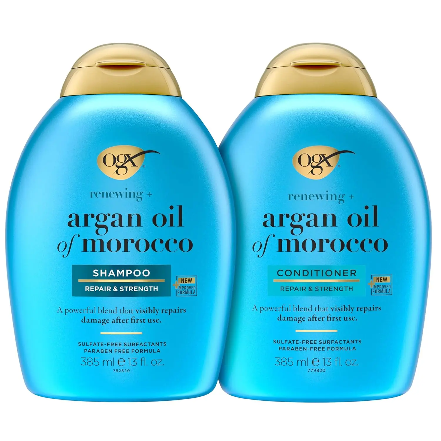 OGX Argan Oil of Morocco shampoo and conditioner set gently cleanses and hydrates dry, damaged hair, leaving it soft, silky, and shiny while protecting it from heat styling.