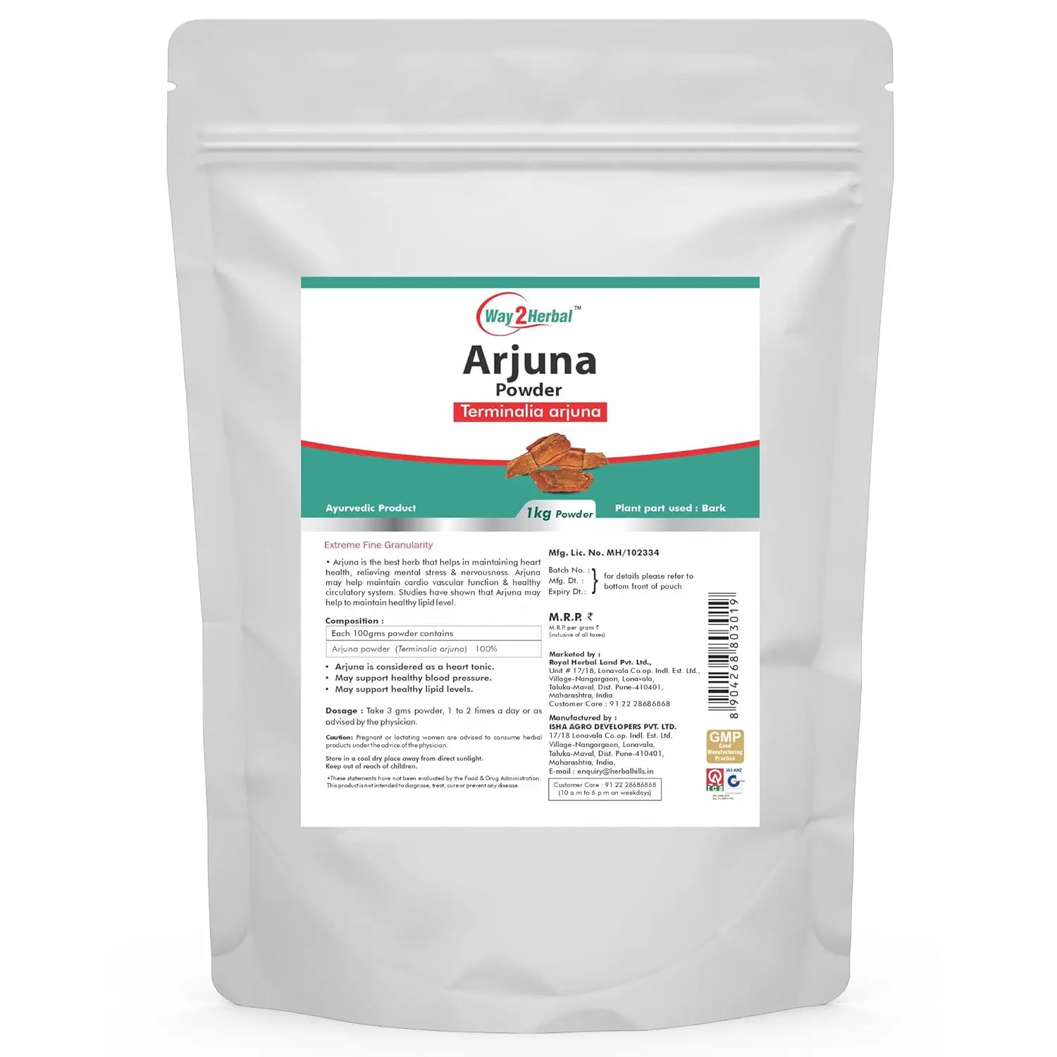 Way2Herbal Arjuna Powder made from Terminalia Arjuna bark may support heart function, blood circulation, and healthy blood pressure in a 1 kg pack.