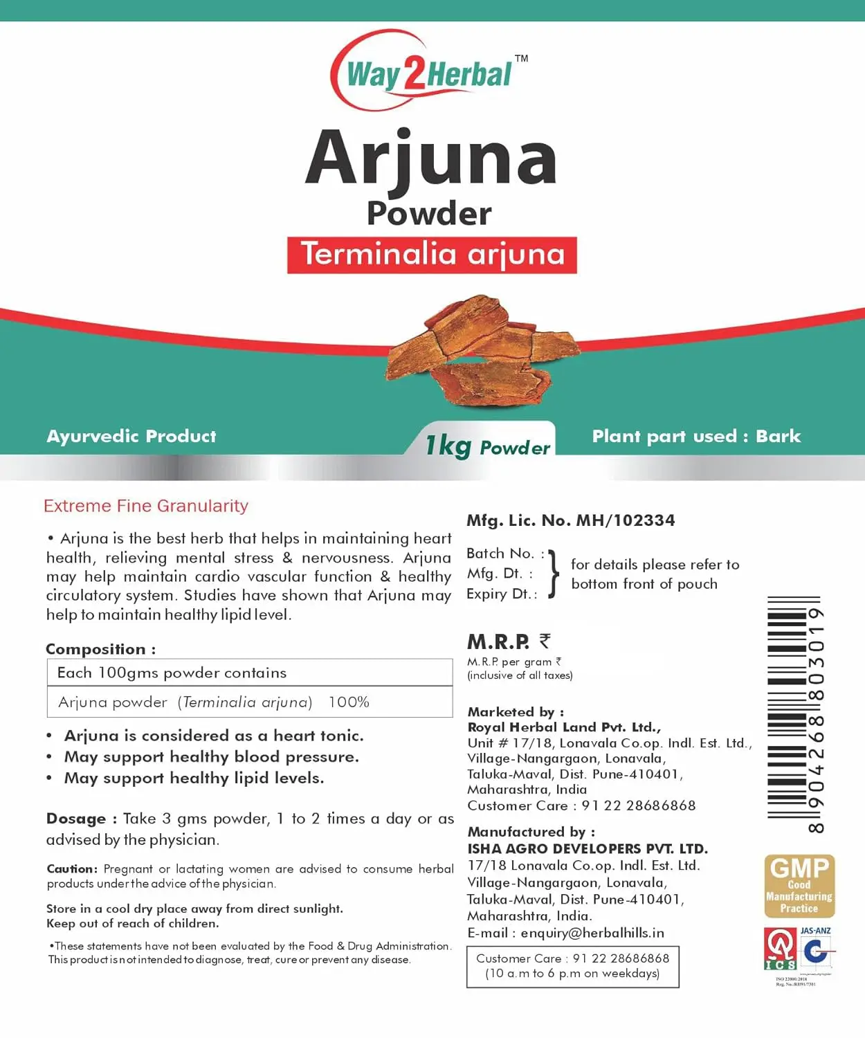 Way2Herbal Arjuna Powder made from Terminalia Arjuna bark may support heart function, blood circulation, and healthy blood pressure in a 1 kg pack.