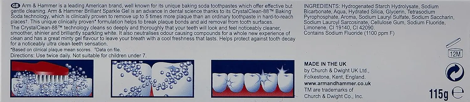 Arm & Hammer Advance White Brilliant Sparkle Gel toothpaste that whitens teeth and controls tartar for fresh breath.