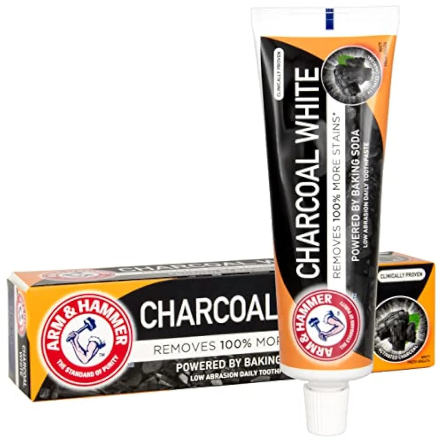 Arm & Hammer Charcoal White toothpaste provides 100% more stain removal for a noticeably whiter smile with the help of activated charcoal and baking soda.