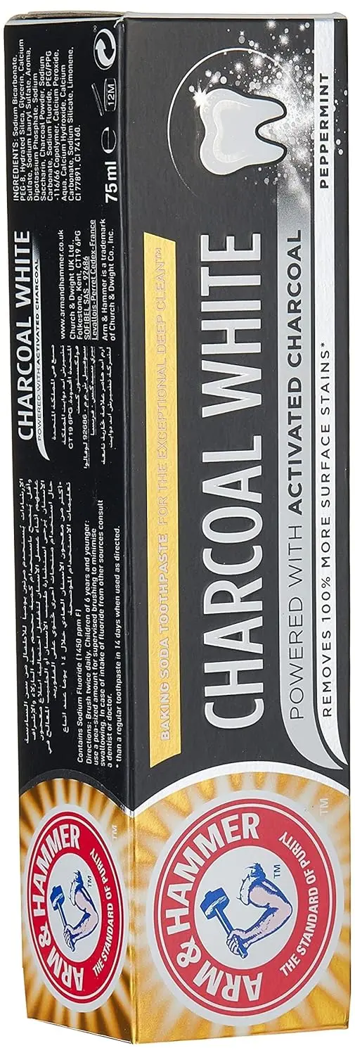 Arm & Hammer Charcoal White toothpaste provides 100% more stain removal for a noticeably whiter smile with the help of activated charcoal and baking soda.