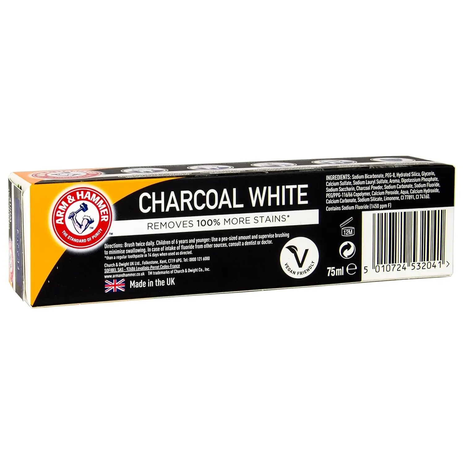 Arm & Hammer Charcoal White toothpaste provides 100% more stain removal for a noticeably whiter smile with the help of activated charcoal and baking soda.