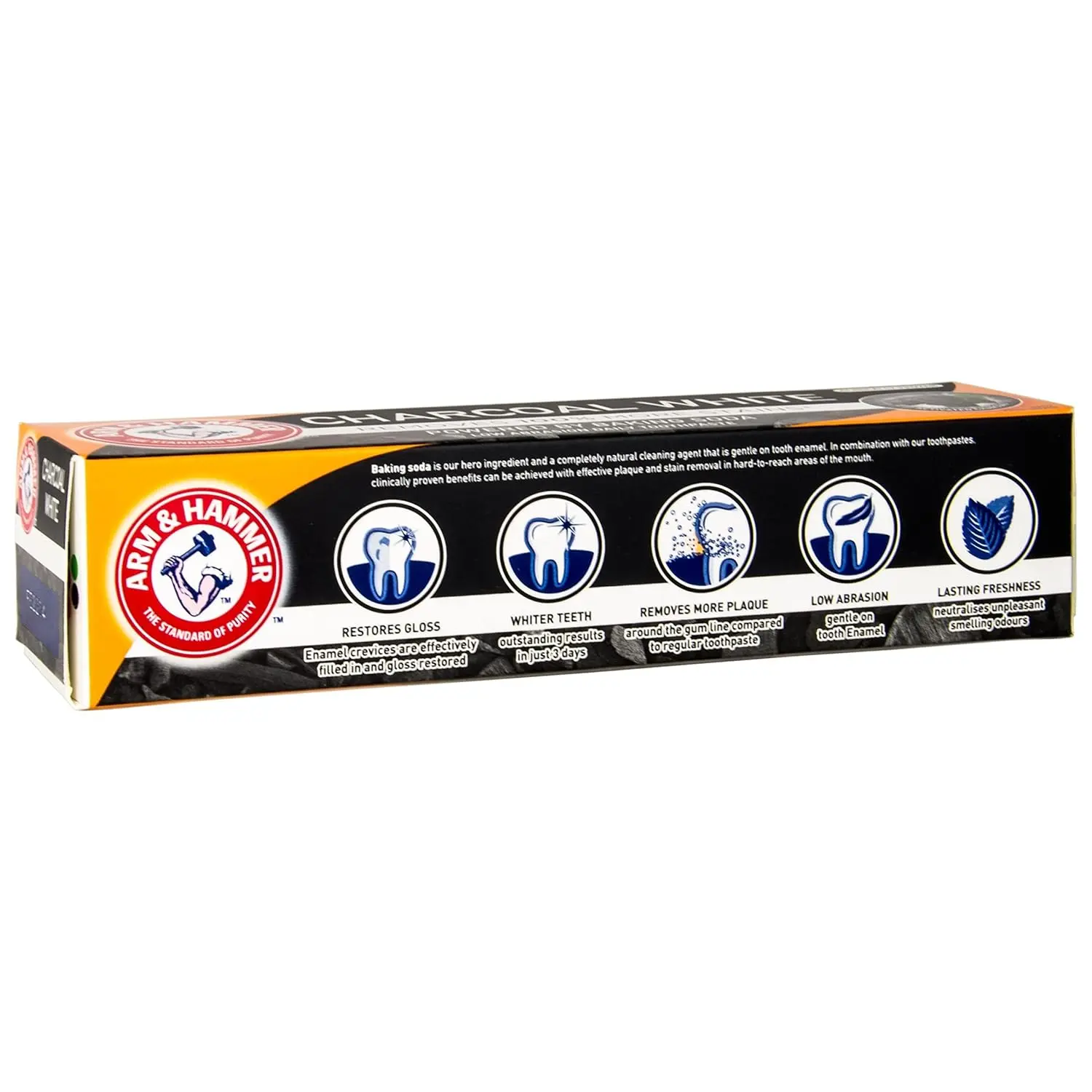Arm & Hammer Charcoal White toothpaste provides 100% more stain removal for a noticeably whiter smile with the help of activated charcoal and baking soda.