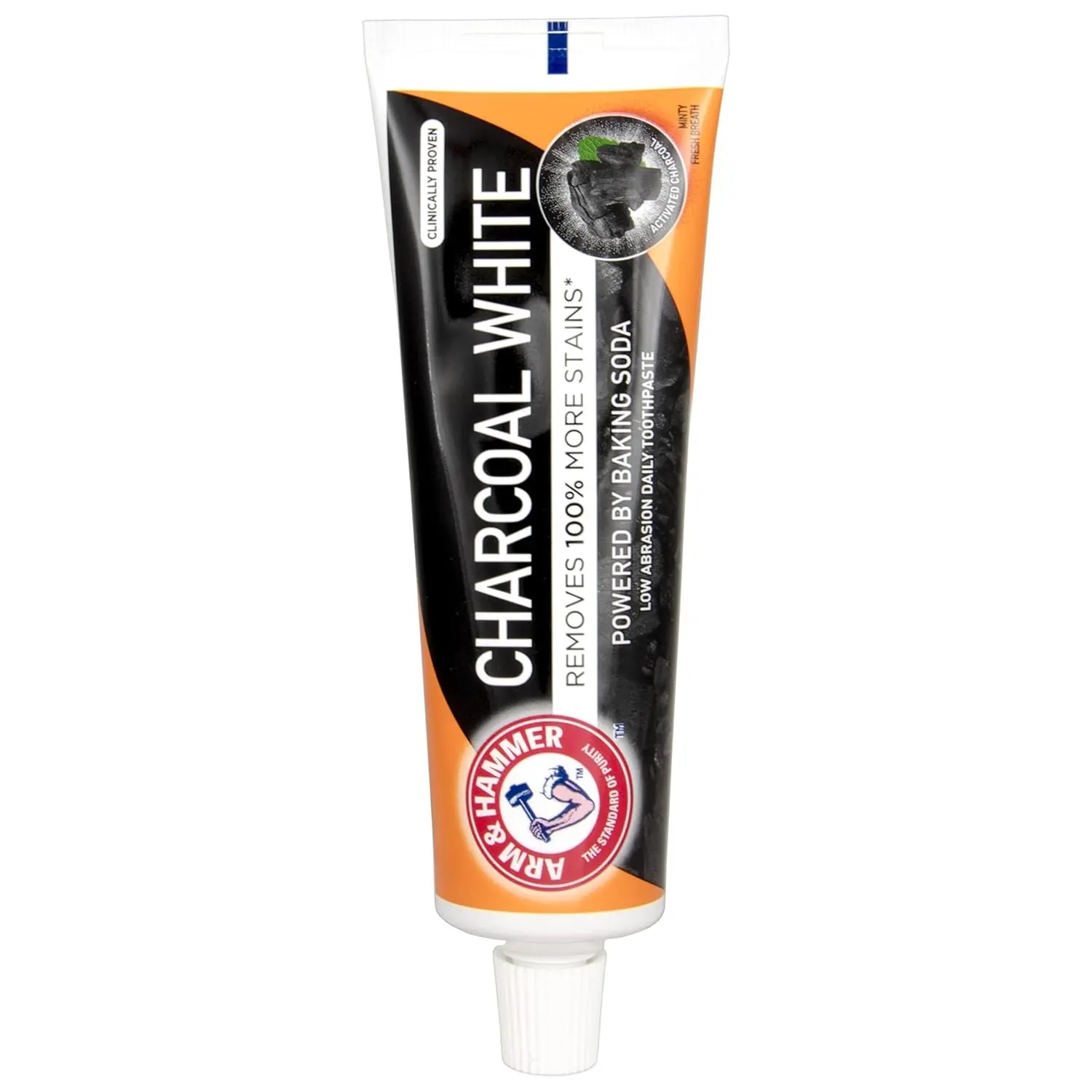 Arm & Hammer Charcoal White toothpaste provides 100% more stain removal for a noticeably whiter smile with the help of activated charcoal and baking soda.