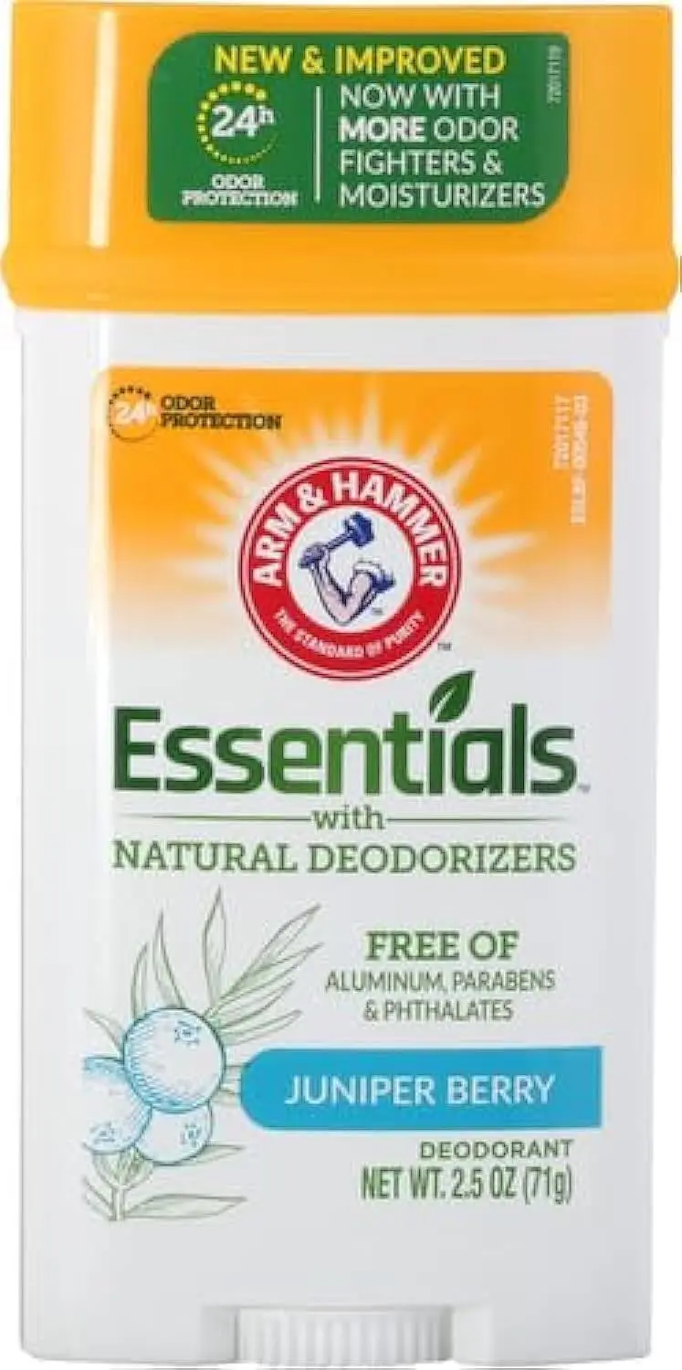 Arm & Hammer Essentials natural deodorant with fresh juniper berry scent provides aluminum-free odor protection for men and women.