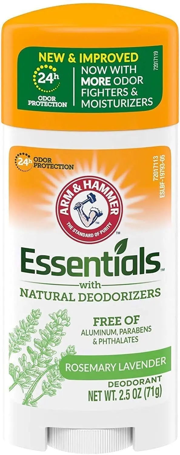 Arm & Hammer Essentials Rosemary Lavender deodorant provides 24-hour odor protection with natural deodorizers, baking soda, and a gentle, aluminum-free, paraben and phthalate-free formula.
