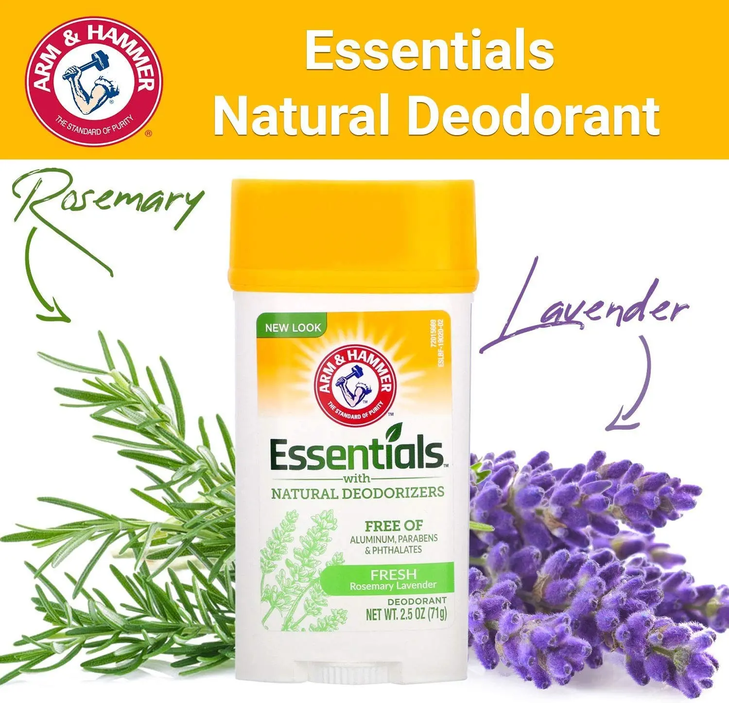 Arm & Hammer Essentials Rosemary Lavender deodorant provides 24-hour odor protection with natural deodorizers, baking soda, and a gentle, aluminum-free, paraben and phthalate-free formula.