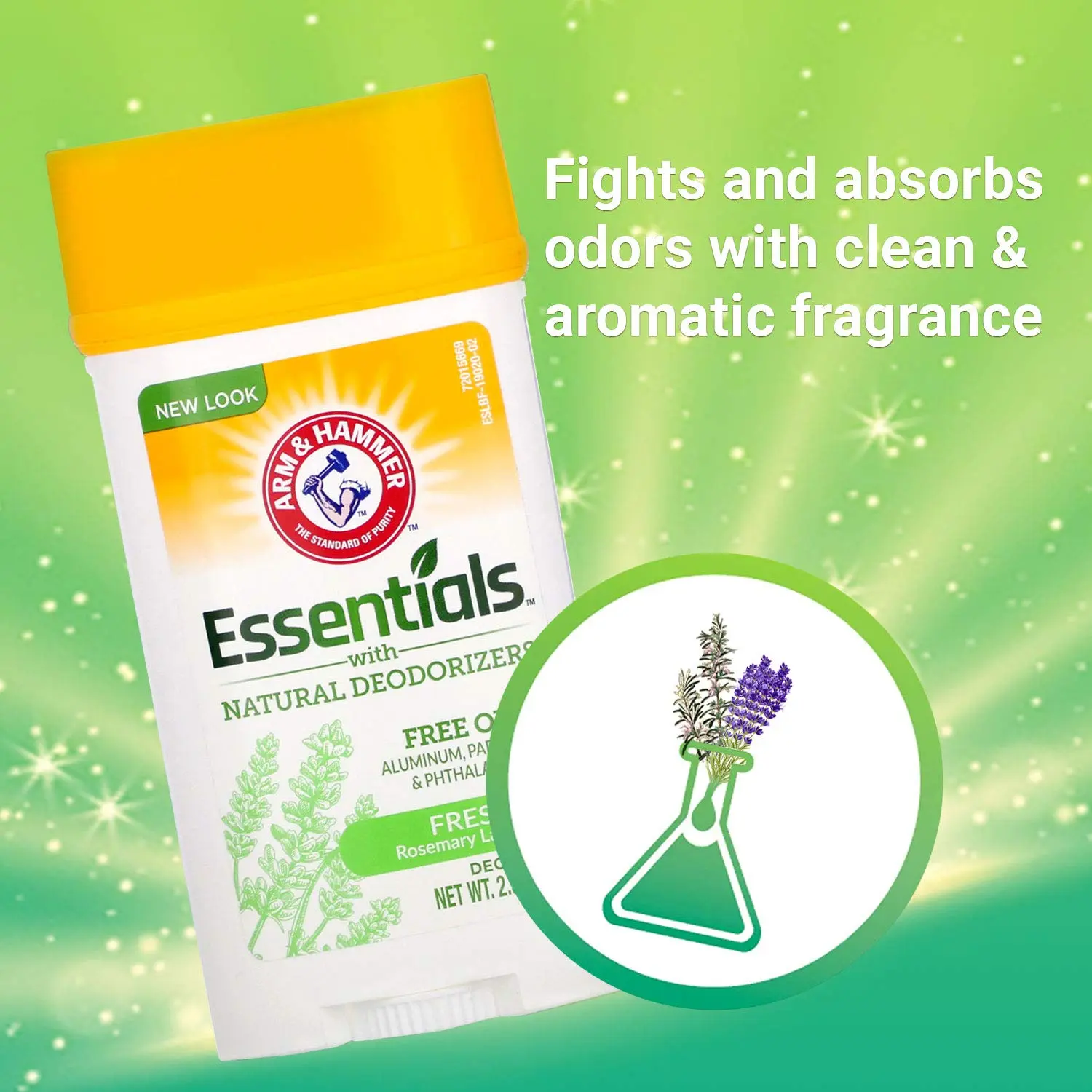 Arm & Hammer Essentials Rosemary Lavender deodorant provides 24-hour odor protection with natural deodorizers, baking soda, and a gentle, aluminum-free, paraben and phthalate-free formula.