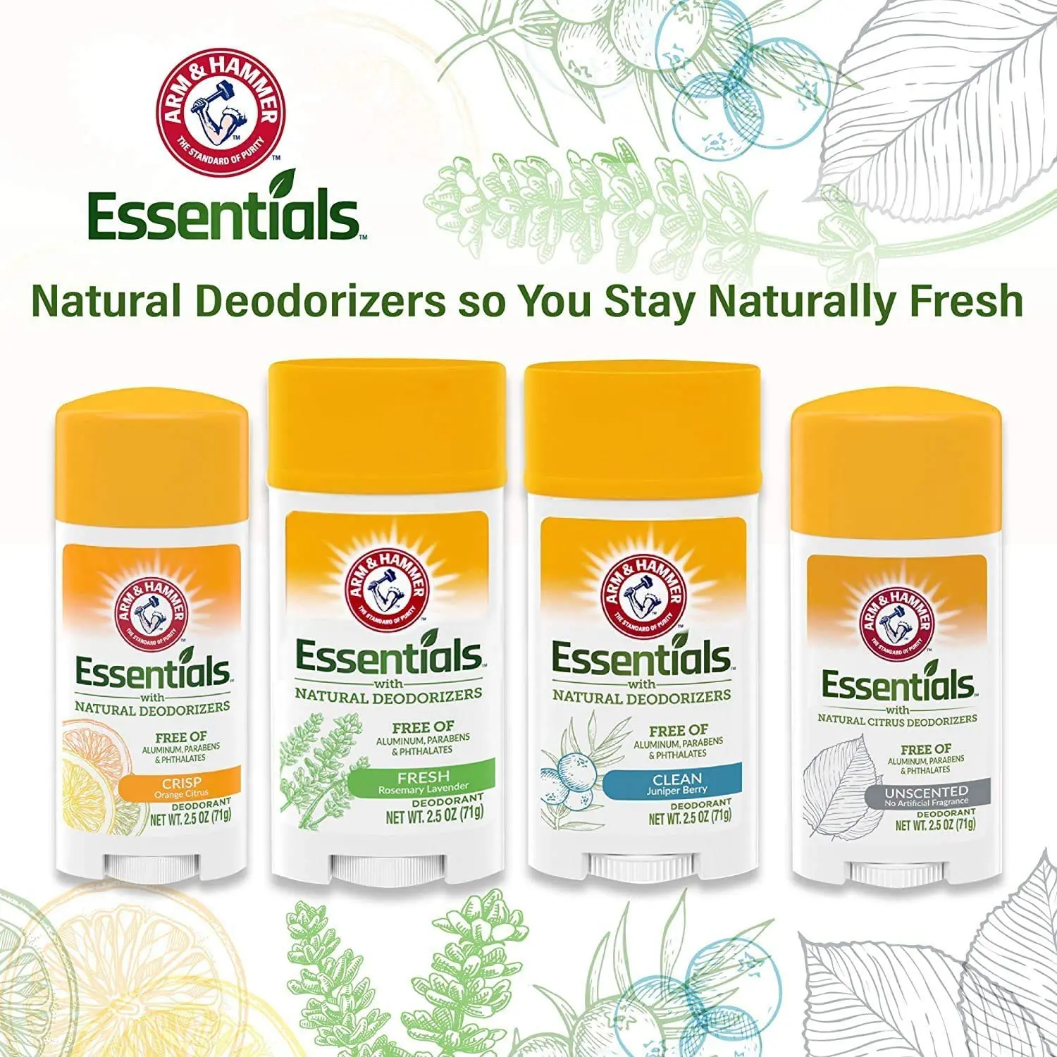 Arm & Hammer Essentials Rosemary Lavender deodorant provides 24-hour odor protection with natural deodorizers, baking soda, and a gentle, aluminum-free, paraben and phthalate-free formula.