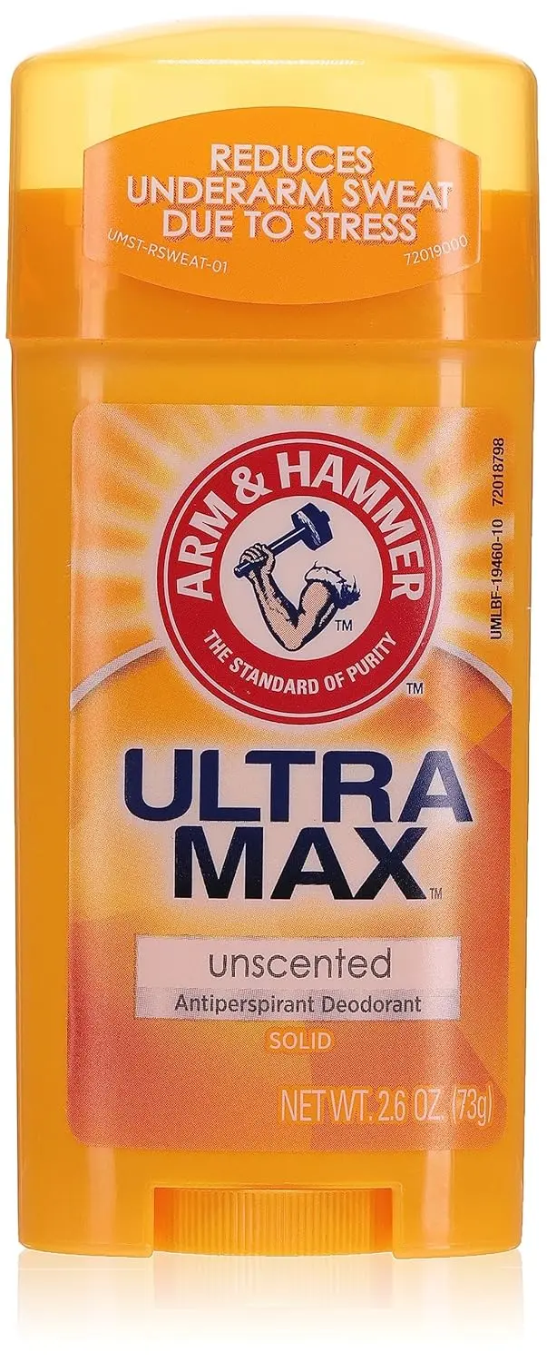 Arm & Hammer Ultra Max unscented antiperspirant deodorant stops odor and reduces underarm perspiration.
