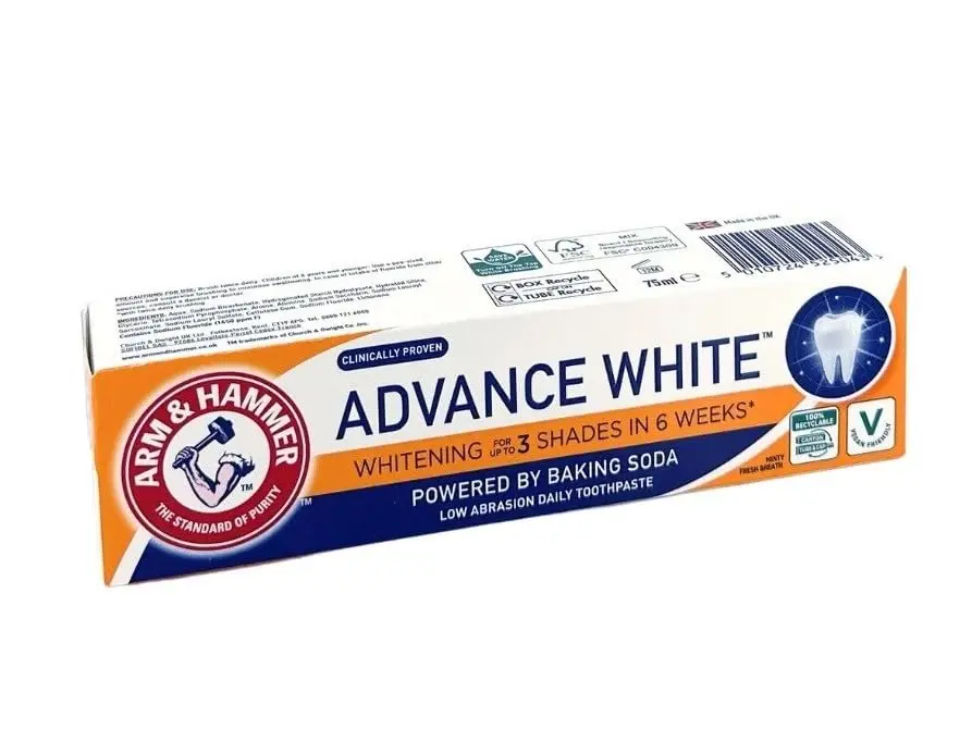 Arm & Hammer Advanced White Extreme toothpaste offers clinically tested whitening, vegan friendly formula, 100% recyclable packaging, baking soda power, and gentle enamel protection.