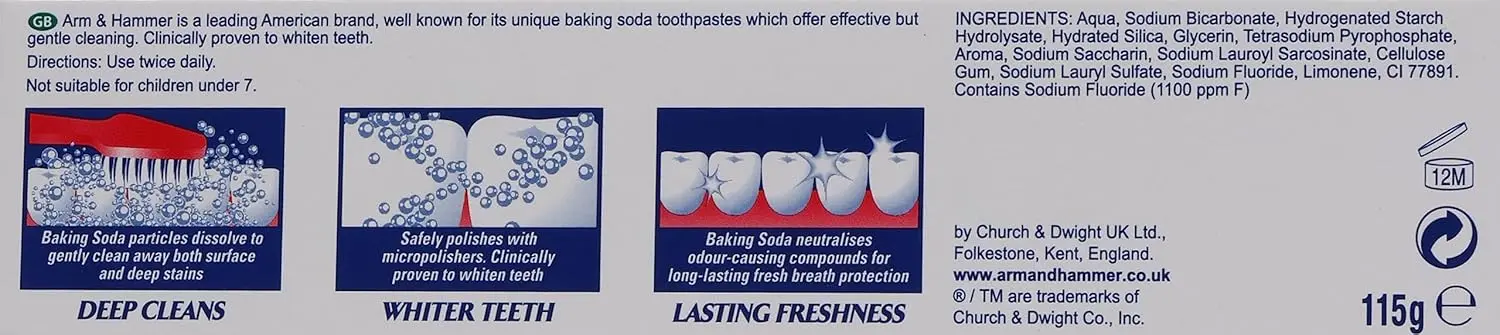 Arm & Hammer Advance White toothpaste uses baking soda to gently whiten teeth, control tartar, and leave your mouth feeling fresh and clean.