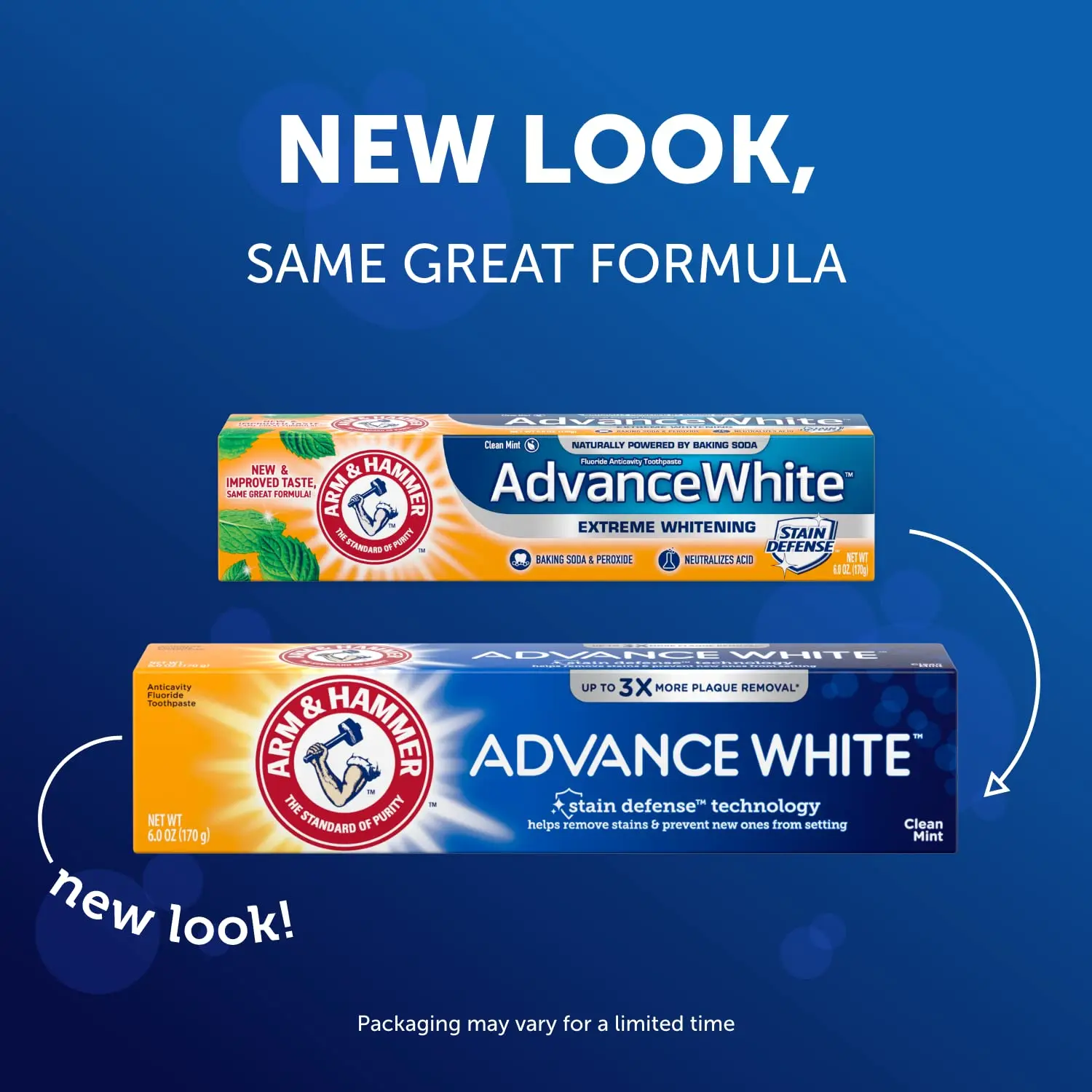 Two tubes of Arm & Hammer Advance White Extreme Whitening Toothpaste with Stain Defense technology.