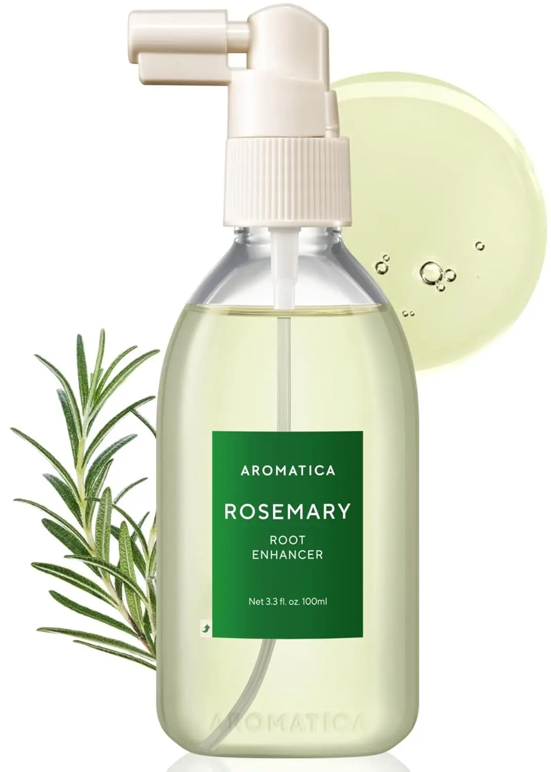 A bottle of AROMATICA Rosemary Root Enhancer scalp spray designed to revitalize the scalp and strengthen hair with salicylic acid.
