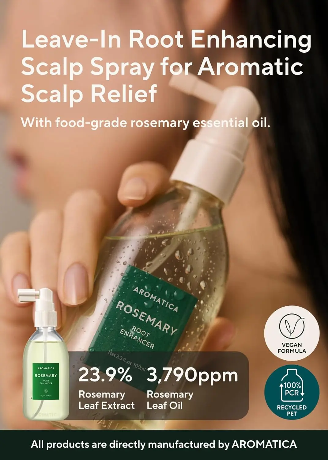 A bottle of AROMATICA Rosemary Root Enhancer scalp spray designed to revitalize the scalp and strengthen hair with salicylic acid.