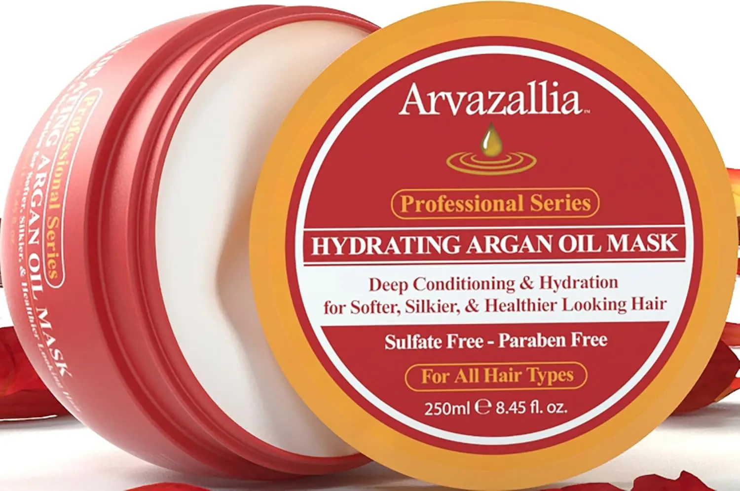 Arvazallia hydrating argan oil hair mask in an 8.45oz container, formulated for dry and damaged hair.