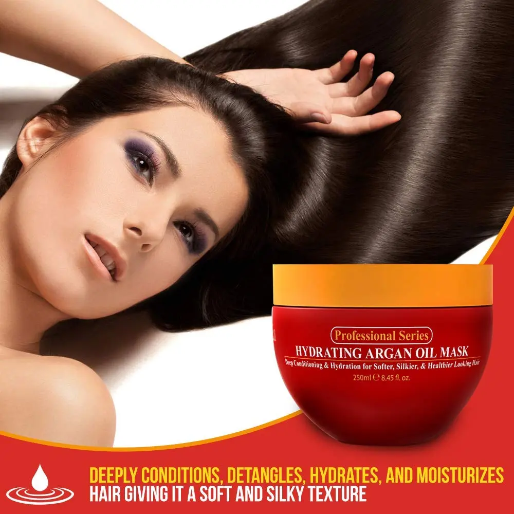 Arvazallia hydrating argan oil hair mask in an 8.45oz container, formulated for dry and damaged hair.
