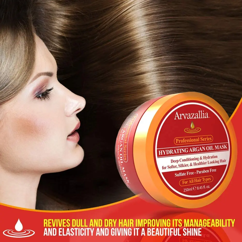 Arvazallia hydrating argan oil hair mask in an 8.45oz container, formulated for dry and damaged hair.