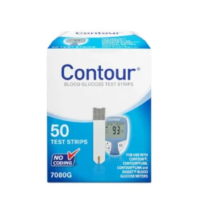 A box of 50 Ascensia Contour Next blood glucose test strips for use with Contour Next meters.
