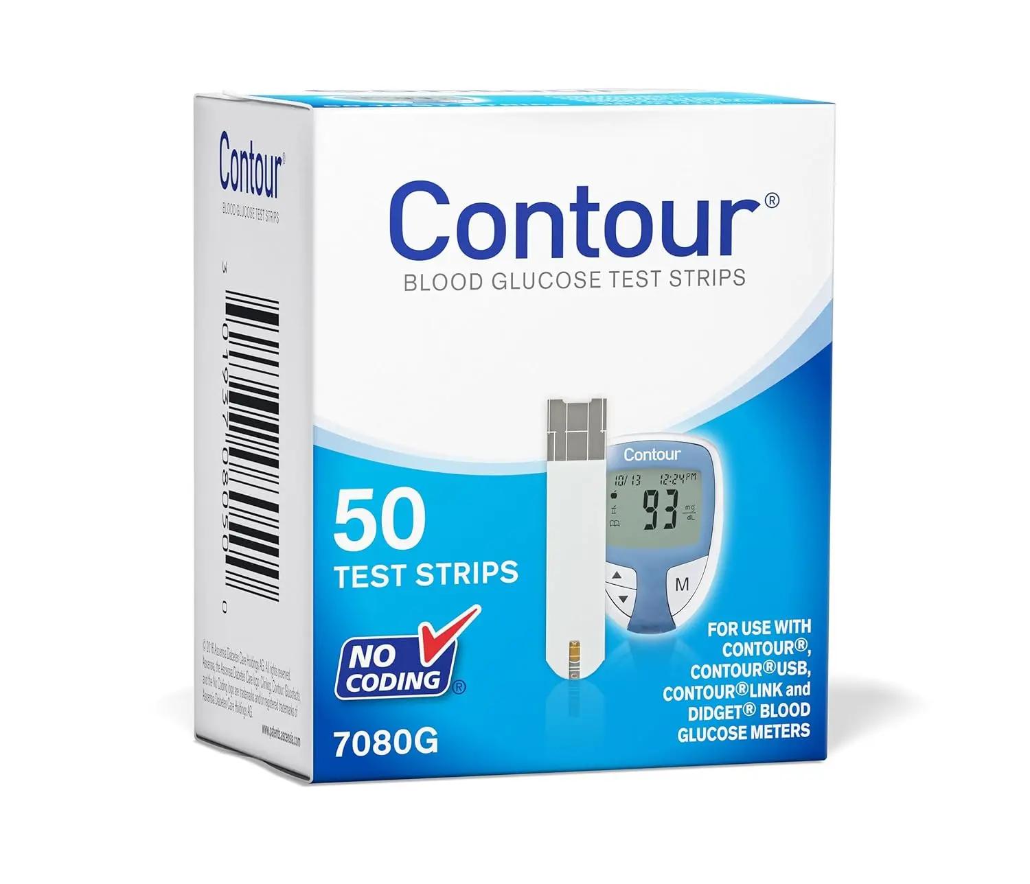 A box of 50 Ascensia Contour Next blood glucose test strips for use with Contour Next meters.