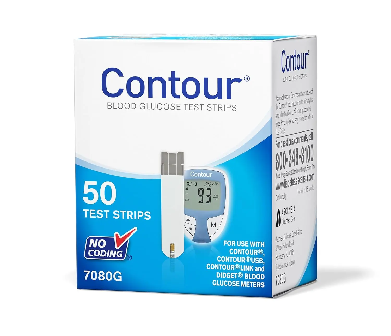 A box of 50 Ascensia Contour Next blood glucose test strips for use with Contour Next meters.