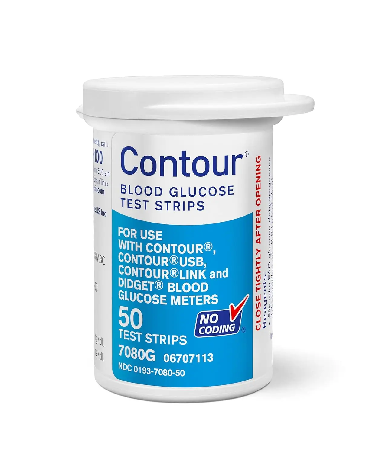 A box of 50 Ascensia Contour Next blood glucose test strips for use with Contour Next meters.