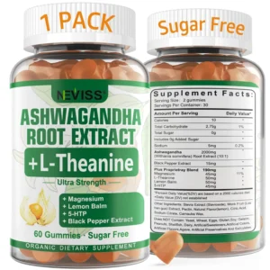 A jar of NEVISSBAGS organic ashwagandha root extract gummies, a herbal supplement for stress relief, adrenal and immune support.