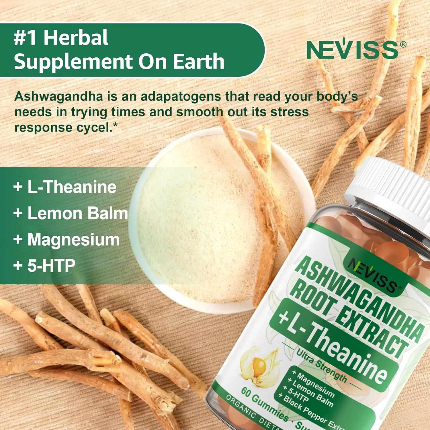 A jar of NEVISSBAGS organic ashwagandha root extract gummies, a herbal supplement for stress relief, adrenal and immune support.