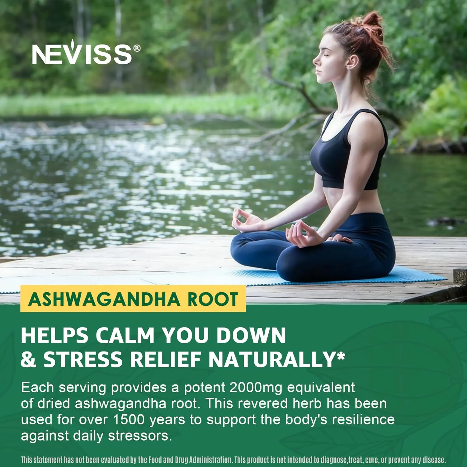 A jar of NEVISSBAGS organic ashwagandha root extract gummies, a herbal supplement for stress relief, adrenal and immune support.